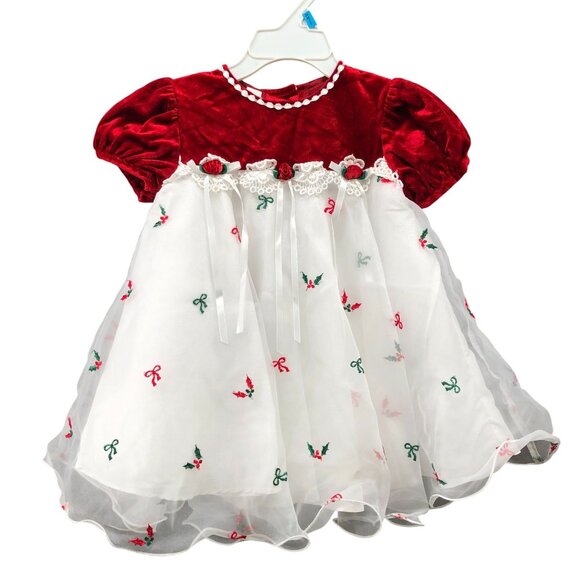 Vintage Bonnie Baby 18-24M Christmas Dress Puff Sleeve Red Velvet Tulle Party - Picture 1 of 6